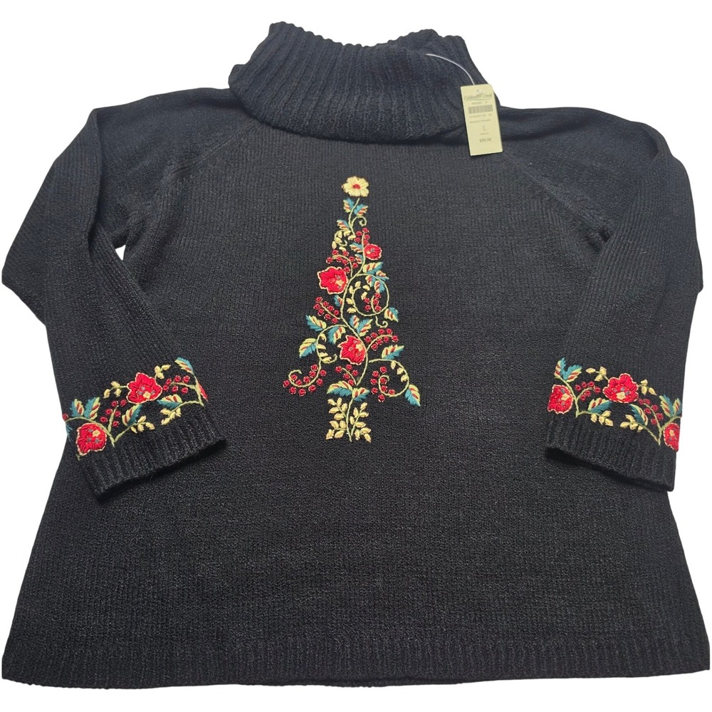 Coldwater Creek Women Black Holiday Joy Tree Embroidered Cowl Neck Sweater L NEW